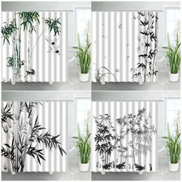 Shower Curtains Chinese Style Ink Bamboo Set Black White Plants Birds Zen Landscape Home Art Decor With Hooks Bathroom Curtain