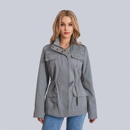 Women's Jackets Puloru Safari Jacket Spring Autumn Casual Solid Color Long Sleeve Lapel Button Down Drawstring Waist Coat With Pockets