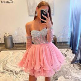 Party Dresses Itsmilla Ruffled Organza Pink A-line Homecoming With Beaded Sheer Corset Removable Pearl Sleeves Short Cocktail Dress