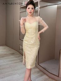 Casual Dresses High-End Elegant Sequins Mesh Stitching Long Sleeves Slim Dress For Women Spring French Temperament Sexy Slip Mini