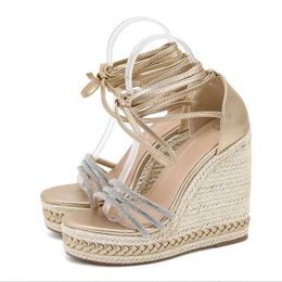 Dress Shoes Crystal Narrow Band Open Toe Casual Wedge Sandals Women Fashion Cross Ankle Strap Platform High Heels Female Summer Shoes H2404013LQU