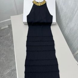 Casual Dresses 2024 Summer Gold Beading Neck Sleeveless Knitted Midi Dress For Women