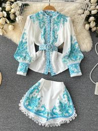 Women's Tracksuits Spring Long Sleeved Stand Single Breasted Top High Waist Shorts Suits Lace Edge Print Elegant Party Vacation Two Piece