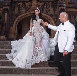 Luxuoso vestido de noiva com strass e cristal, decote alto, contas, apliques, mangas compridas, sereia, vestido de noiva lindo, vestido de casamento Dubai Overskirt