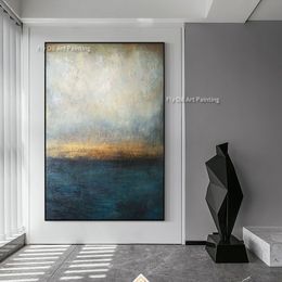 Large Blue Golden Oil Painting On Canvas Ocean Canvas Painting Sunset Painting Hand Painted Landscape Wall Art Blue Abstract Painting For Bedroom Decor