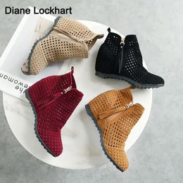 2023 Platform Openwork Women Ankle Boots Autumn Wedge Heels Cutout Booties Flock Summer Mesh Boats For Ladies Party Shoes 240329