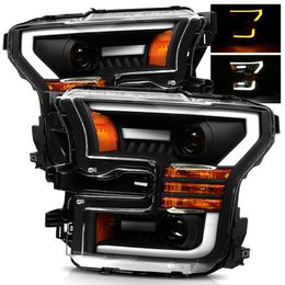 For 15-17 Ford F150 Switchback DRL/Signal LED Tube Black Projector Headlights