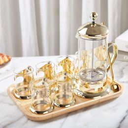 DUJUST Gold 6 Cups 1 Tray, Design Hine Set with 4-stage Filtration System, Heat Cold Resistant Glass French Coffee Presser Set, Exquisitely Packaged,