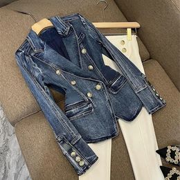 Chic Women Double Breasted Slim Waist Demin Blazers Coat Spring Cowboy Cardigan OL Turn-down Collar Jeans Jacket Outwear Tops 240321