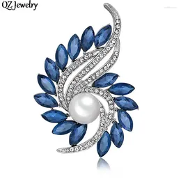 Brooches Elegant Crystal Pearl Flower Brooch Pin Rhinestones Blue Badge For Women Wedding Party Jewellery