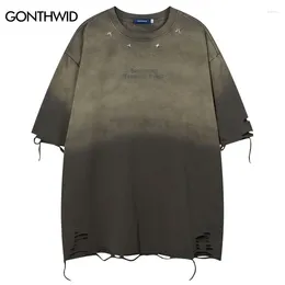 Men's T Shirts Hip Hop Oversized T-Shirt Grunge Vintage Embroidery Metal Star Ripped Distressed Holes Tshirt Streetwear 2024 Harajuku Tees