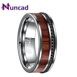 Rings Nuncad 8MM width black crystal tungsten steel ring polished plane bevel inlaid wood grain man's wedding bands male rings T109R