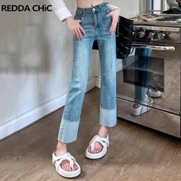 Women's Jeans ReddaChic Bicolor Blue Cropped For Women Slim Fit High Waist Straight Y2k Pants Ladies Trousers Minimalist Vintage Clothes