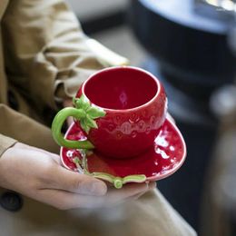 Mugs Hand-painted Stereoscopic Relief Strawberry Shaped Coffee Cup And Saucer British Household Afternoon Tea Mug Gift To Girlfriend