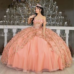 Romantic Pink Junior Quinceanera Dresses Off the Shoulder Glitter Flower Sweet 15 Prom Gown Tiered Corset Masquerade Dress