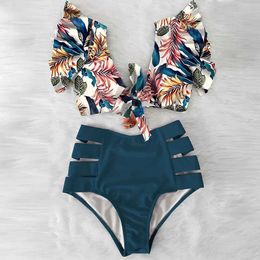 Women's Swimwear Womens high waist bandage bikini set with floral print pleated edges bikini push up shoulder straps Brazil Biquini swimsuit J240330