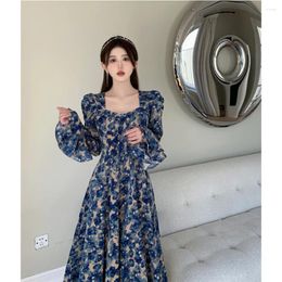 Casual Dresses Vintage Floral Print For Women Beading Square Colalr Long Sleeve Slim A-line Vestidos Female Spring Commute Frock