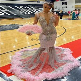 Glitter Pink Luxury Evening Dress Diamong Crystal Mermaid Prom Dresses With Feather Illusion Sequin Black Girls Formal Dress Tassel Sparkly Birthday Vestios Notie