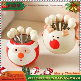 Forks KAWASIMAYA Christmas Stainless Steel Fruit Fork Children's Safety Insert Creative Cute Storage Can Small Set