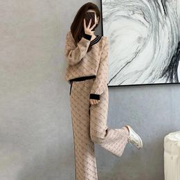 Women's Two Piece Pants Letter Printing Vintage Knitted Set Korean Fashion Women Pullover Top And High Waist Wide Leg Casual Sport Suit