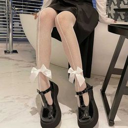 Sexy Socks Bow Knot Fishnet Stockings Womens Thin Summer Sexy Loli Hollow Legs Long Tube Bottoming Silk Pantyhose Tall Cute Maid Stockings Y240401