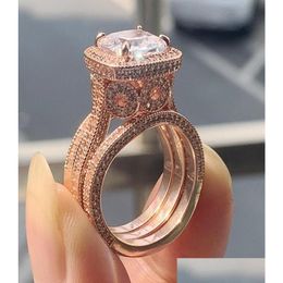 Rings Arrival Vintage Fine Jewellery 925 Sterling Sierrose Gold Cushion Shape White Topaz Cz Diamond 3Pcs Ring2687405 Drop Delivery Rin Dhkeq