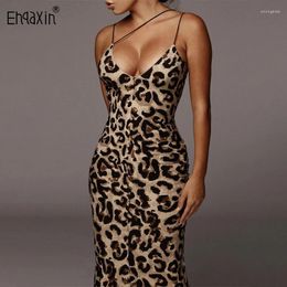 Casual Dresses EHQAXIN Leopard Print Sleeveless V-Neck Sexy Midi Dress 2024 Spring Summer Women Fashion Streetwear Trendy Clothing