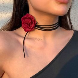 Pendant Necklaces Romantic Gothic Big Rose Flower Clavicle Chain Necklace for Women Ladies Korean Fashion Adjustable Rope Choker Y2K Accessories 240330