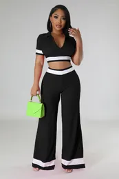 Women's Two Piece Pants KEXU Fashion 2024 Street White Patchwork Set Polo Collar T-shirt And Wide Leg 2 Outfit Tracksuit