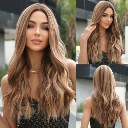 Wigs Ombre Brown Blonde Highlight Synthetic Wigs Natural Long Wavy Wig for Women Cosplay Daily Middle Part Hair Heat Resistant