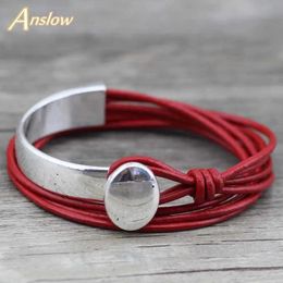 Chain Anslow 2018 Classic Unisex Charm Retro Style New Unique Silver Plated Unisex Leather Bracelet Couple Birthday Gift LOW0468LB Q240401