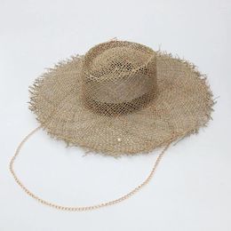 Berets 202405-shi Chic Summer Fashion Gold Pin Chain Natural Salt Grass Pearl Wide Brim Lady Fedoras Cap Women Leisure Panama Jazz Hat