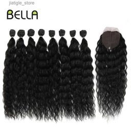 Synthetic Wigs Bella Synthetic Hair s Curly Hair Bundles With Closure Water Wave Synthetic Bundles 9Pcs 20 inch Ombre Brown For Women Y240401