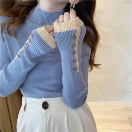 Women's Sweaters Spring Autumn 2024 Pullover Turtleneck Sweater Thick Slim Knitted Clothes Women Button Cashmere Jumpers Female V123