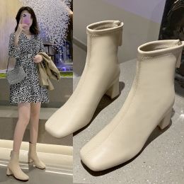 Boots New Women's Boots Vintage Square Toe Chunky Heel Ankle Boots Solid Colour Allmatch Back Zip Casual Shoes Botas De Neve