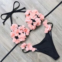 Women's Swimwear Solid black swimsuit womens low rise bikini set with floral decoration beach swimsuit S-XL J240330