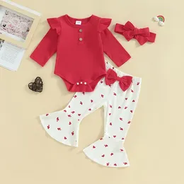 Clothing Sets 3PCS Baby Girls Clothes Set Spring Infant Outfits Solid Colour Ribbed Long Sleeve Romper Heart Flare Pants Headband Kids Suit