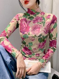 Women's T Shirts Size S-4XL Autumn Spring Women Half Turtleneck Full Sleeve Mesh Female Located Printing Floral Tee Tshirt