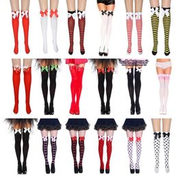 Women Socks Halloween Christmas Thigh High Stockings Striped Polka Dot Cross Skeleton Print Sweet Bowknot Masquerade Cosplay Over F3MD