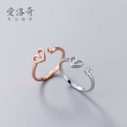 S925 Silver Love Ring Womens Korean Edition Small Fresh Diamond Set Hollow Heart shaped Opening Sweet Single Ring J4727