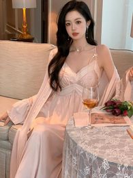 Home Clothing French Silk Pajama Robe Night Dress Women Summer Sexy Strap Two Piece Set Morning Spring Autumn Pajamas Homewear