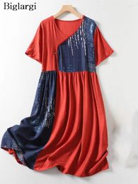 Plus Size Dresses Summer Midi V-Neck Dress Women Loose Oversized Modis Print Patchwork Ladies Ruffle Pleated Casual Woman
