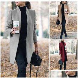 Womens Trench Coats Winter Khaki Coat For Women Wide Lapel Pocket Woollen Cloth Polyester Wool Blend Oversize Long Outwear 5Xl Drop De Dhgpv