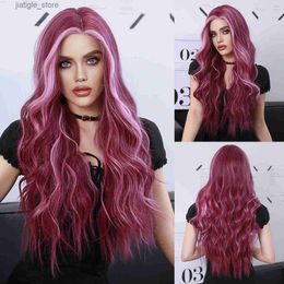 Synthetic Wigs NAMM Lace Front Wig Pink Synthetic Loose Long Wavy Wig for Women Daily Party Natural Looking Lace Highlight Pink Side Part Wig Y240401