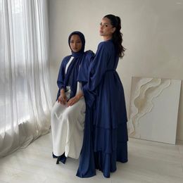 Ethnic Clothing Layered Open Abaya Ramadan Luxry Satin Long Dress Islamic For Women Trumpt Sleeve Dubai Turkey Modest Outfit Cardigan