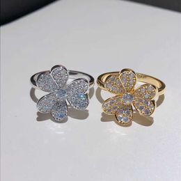 Designer High Version 925 Sterling Silver Van Clover Ring Earrings Plated with 18K Gold Full Diamond Vans Lucky Grass Precision