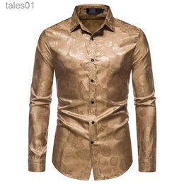 Men's Plus Tees Polos Mens Luxury Jacquard Long Sleeve Floral Dress Shirt Shiny Satin Slik Like Wedding Party Prom Shirts yq240401