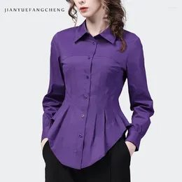 Women's Blouses 2024 Spring Irregular Length Women Long Sleeve Turn-down Collar Purple Cotton Shirt Elegant Slim Cinch Waist Tops