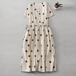 Party Dresses Dot V-neck Short-sleeved Simple Cotton Dress Women Summer Japanese Temperament Elegant Loose Drawstring Casual