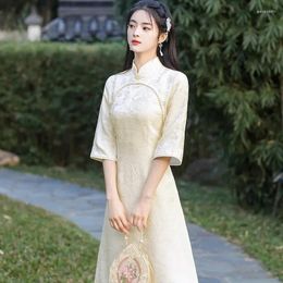 Ethnic Clothing Chinese Traditional Dress For Women Vintage Cheongsam Slim Elegant Long Beige Fresh Improved QiPao Stand Collar A Large
